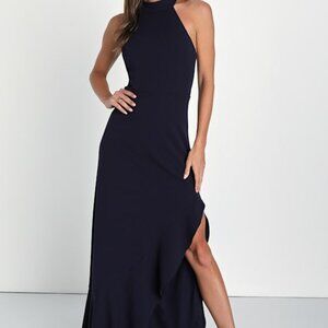 Lulus Majestic Perfection Navy Blue Ruffled Halter Maxi Dress - Size L